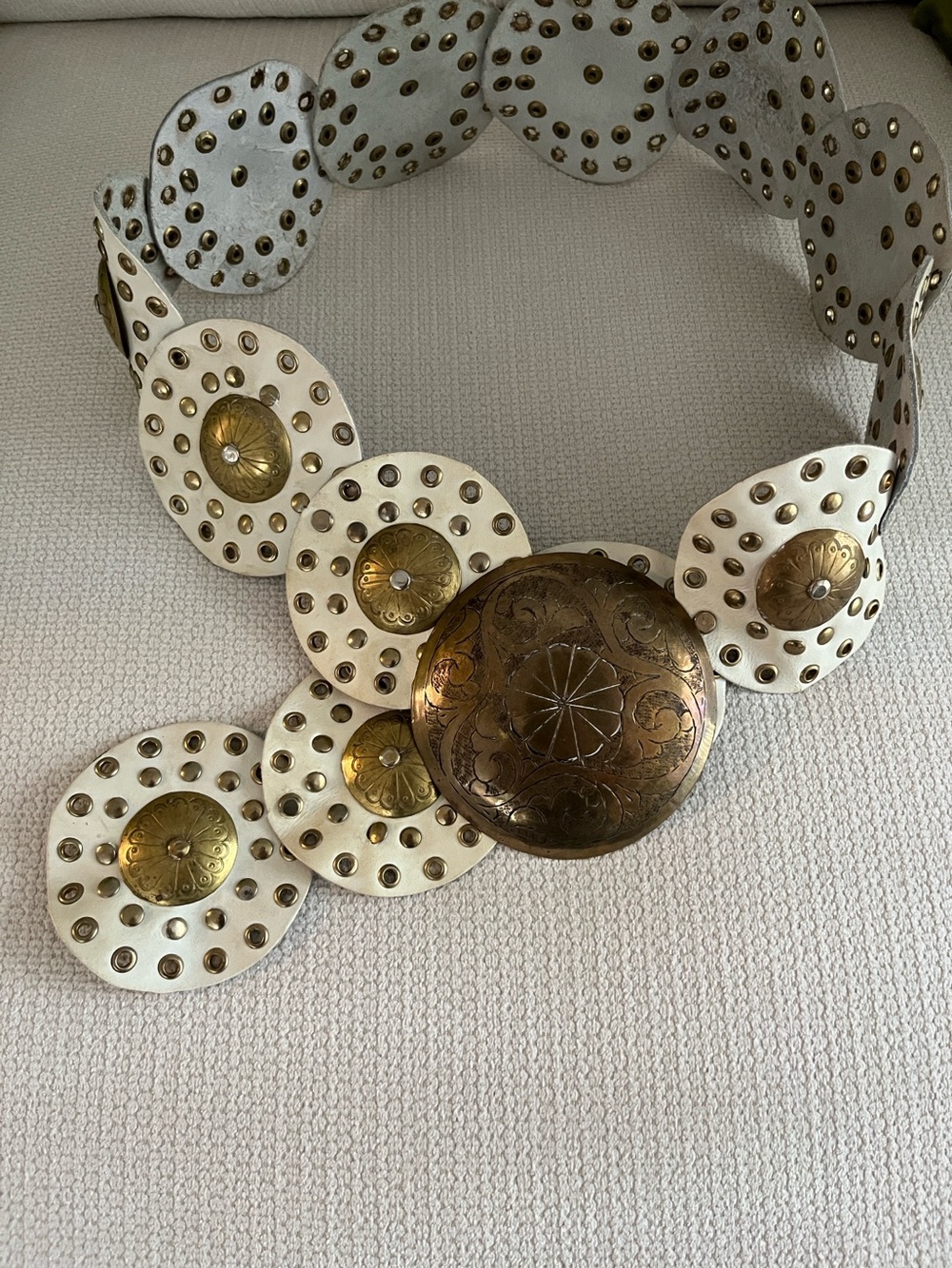 Cream Leather Statement Belt with Gold Conchos,40 inch